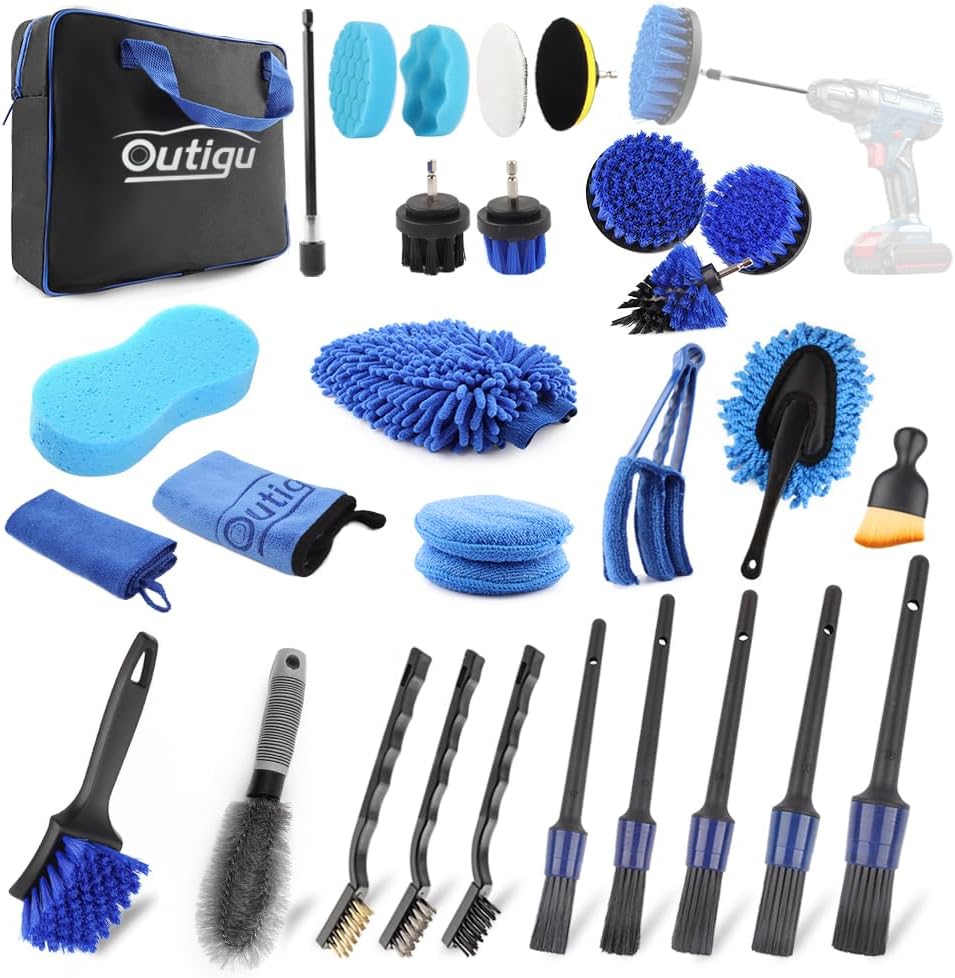 Outigu Car Cleaning Kit, 30 Piece Car Detaling Kit, Drill Brush, Auto Detail Brush Set, Car Cleaning Products for Dirty Rim Washing, Interior, Exterior, Leather, Dashboard, Vents