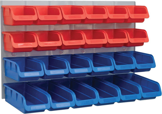 Faithfull FAIPAN24 24 Plastic Storage Bins with Metal Wall Panel, Fixings Included,Blue / Red,12.0 cm*65.6 cm*39.8 cm