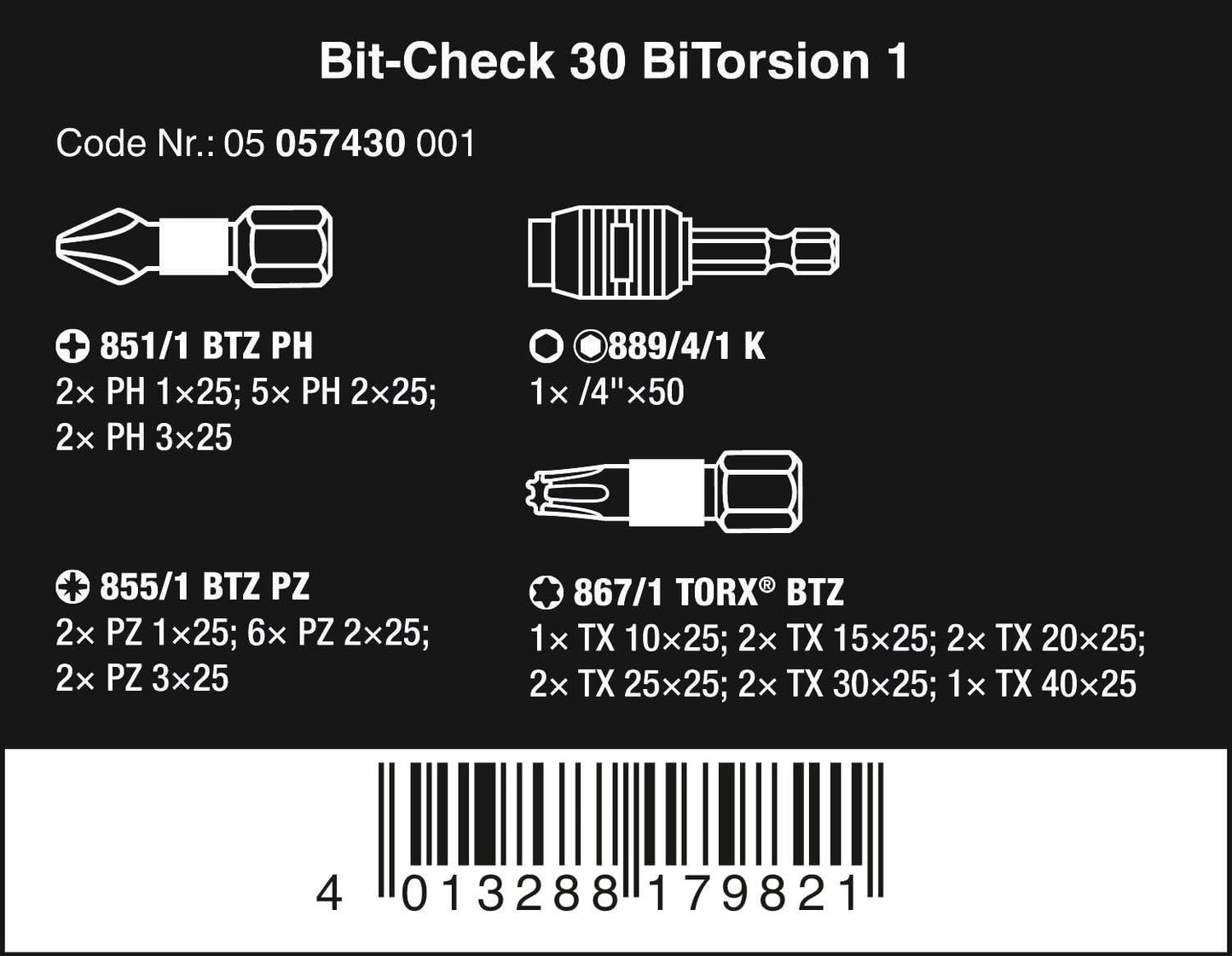 Wera Bit-Check 30 BiTorsion 1 All round Long Life bit set for drill/drivers, Metal jointing, PZ,PH,TX 30 piece 05057430001